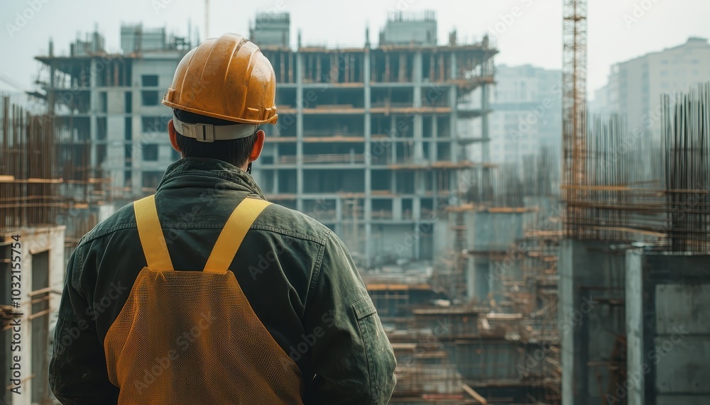 Construction engineer observing building progress at urban construction site Construction engineer observing building progress at urban construction site