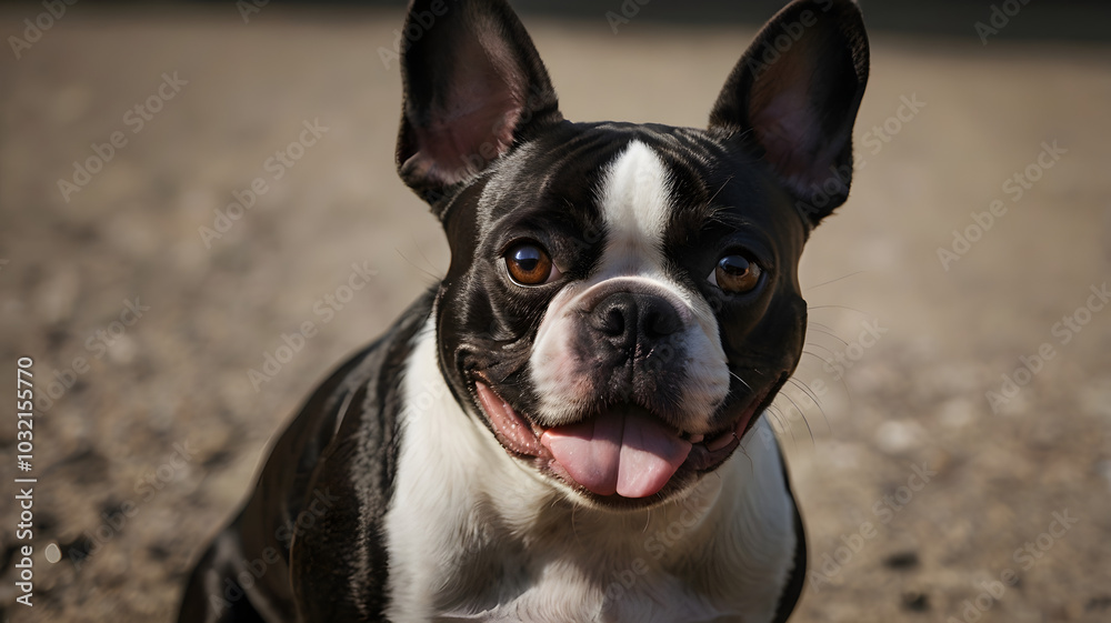 A black and white dog with a black nose and white ears is smiling and has its tongue out A black and white dog with a black nose and white ears is smiling and has its tongue out