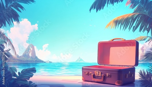 Discover your next adventure with an open suitcase revealing a tropical paradise photo