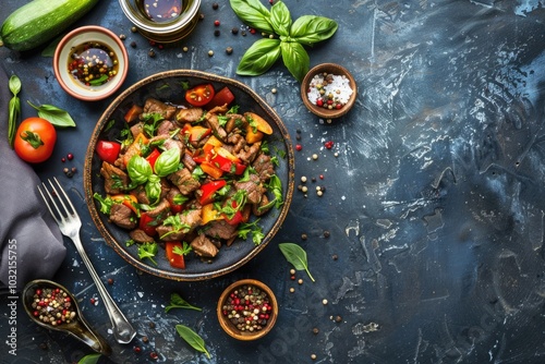 A bowl filled with meat and vegetables, placed on a table photo