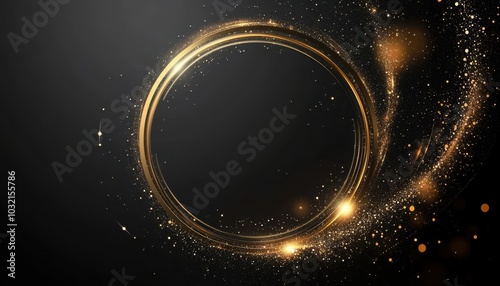 Elegant abstract gold sparkle circle frame on a black background