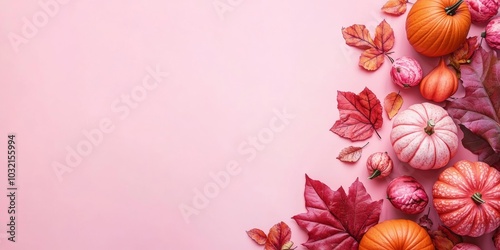 Thanksgiving Season Wallpaper With Fall Leaves and Pumpkins, Copy Space, Pastel Pink Background