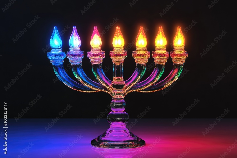 A beautiful glass menorah with five lit candles, perfect for Hanukkah or Jewish celebrations A beautiful glass menorah with five lit candles, perfect for Hanukkah or Jewish celebrations