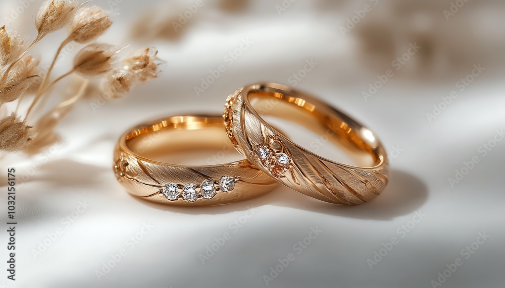 A pair of exquisite golden wedding rings displayed on a white backdrop, showcasing the essence of timeless love in elegant product photography A pair of exquisite golden wedding rings displayed on a white backdrop, showcasing the essence of timeless love in elegant product photography