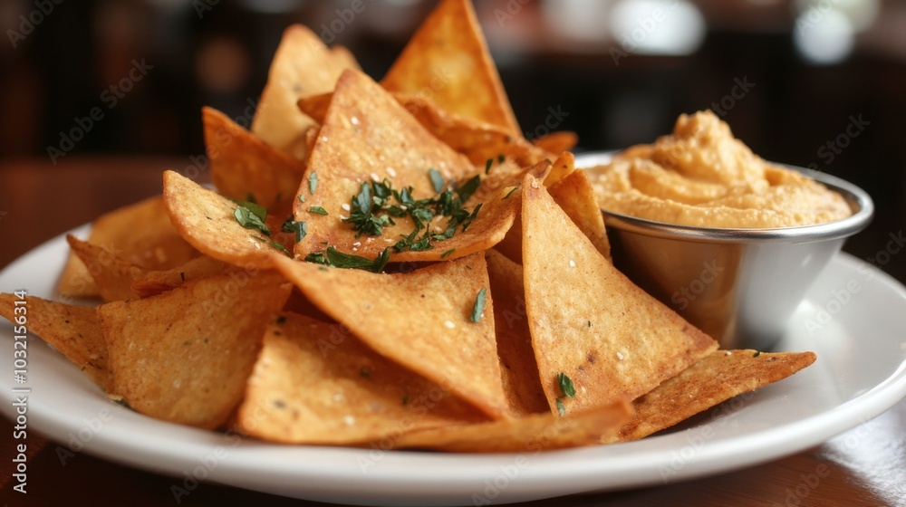 Crispy Tortilla Chips with Creamy Dip in Plate Crispy Tortilla Chips with Creamy Dip in Plate