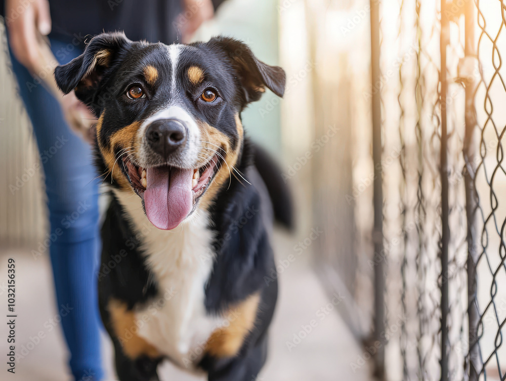Happy shelter dog being led out of adoption area, showcasing its joyful expression and friendly demeanor. This moment captures excitement of finding forever home Happy shelter dog being led out of adoption area, showcasing its joyful expression and friendly demeanor. This moment captures excitement of finding forever home