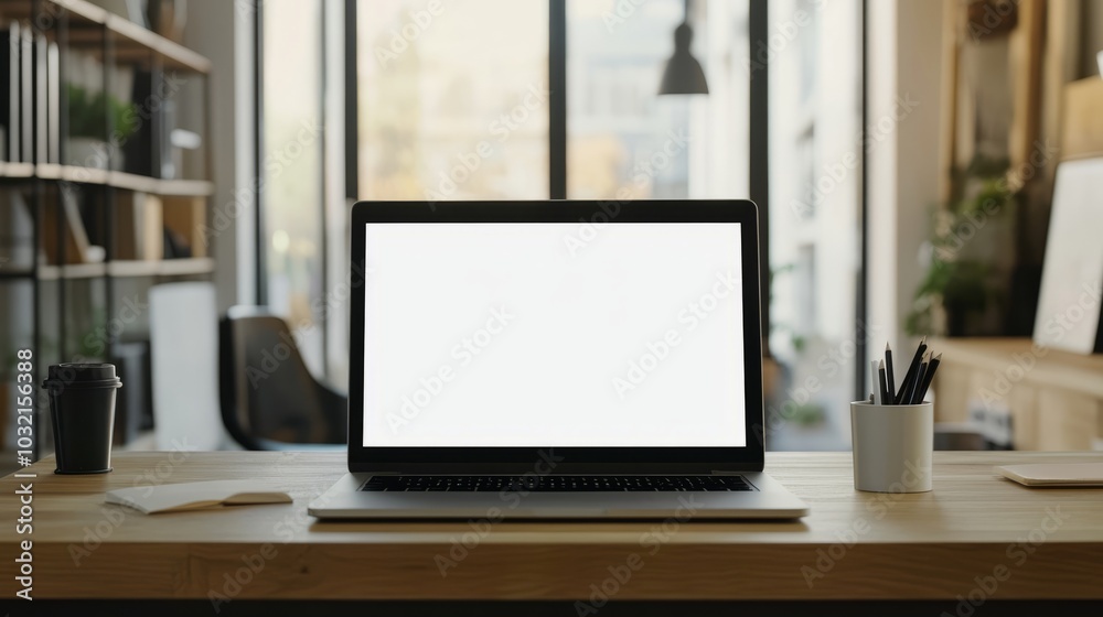 A sleek laptop rests on a wooden desk with a blank screen A sleek laptop rests on a wooden desk with a blank screen