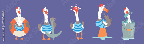 Seagull Bird in Sailor Striped Shirt Vector Set