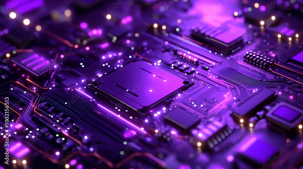 Fototapeta premium A purple computer chip with a purple background. The chip is glowing with a purple light. Concept of technology and innovation