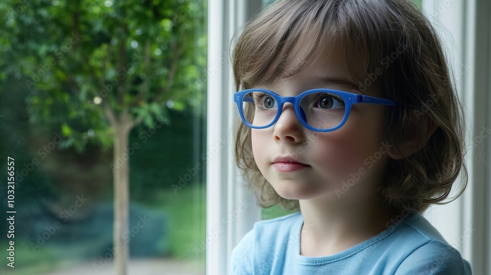 Young child wearing blue glasses focusing on distant tree outside window, symbolizing myopia prevention and importance of outdoor activities. Young child wearing blue glasses focusing on distant tree outside window, symbolizing myopia prevention and importance of outdoor activities.