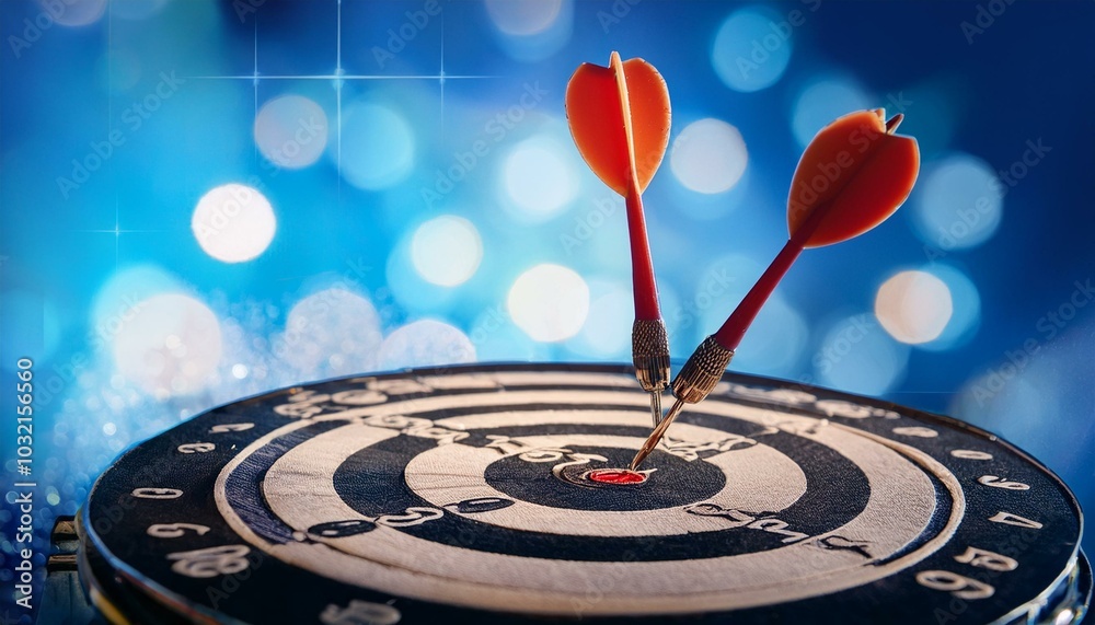 An arrow hitting a bullseye on a dartboard, artistic style, with a blue bokeh background, concept of success. Generative AI An arrow hitting a bullseye on a dartboard, artistic style, with a blue bokeh background, concept of success. Generative AI