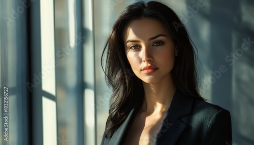 Confident business woman in stylish attire standing indoors with natural light