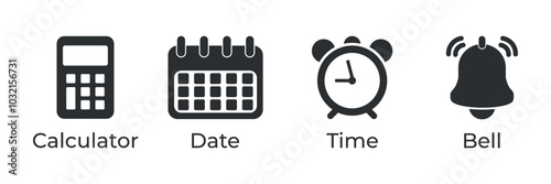 Calculator, Time, Date and Notification line icons. Calendar and alarm bell. Notice alert, business schedule and office time clock. Date reminder. Vector Illustration.