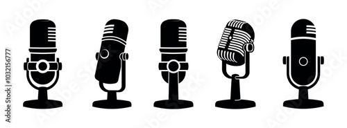 Set of microphone web icon . Flat retro music, studio and radio mic sign collection. Black silhouette design, vector art image illustration, isolated on white background. photo