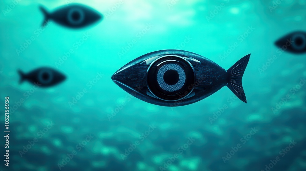 Naklejka premium Underwater scene featuring unique fish with eye patterns camera swimming in clear blue water.