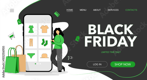 Black Friday green landing page template with character and shopping with mobile phone
