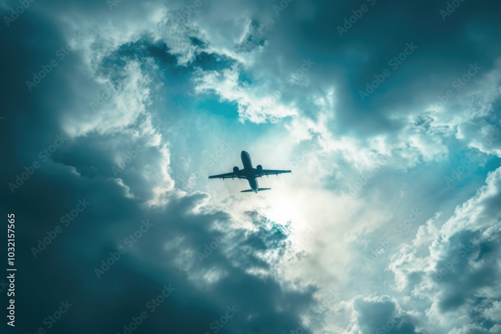 A plane soaring through white clouds, potential usage: aviation, travel, weather A plane soaring through white clouds, potential usage: aviation, travel, weather