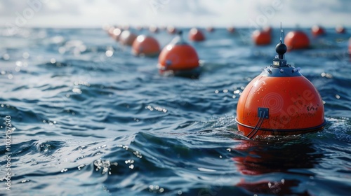 A group of buoys floating on the surface of the ocean, possibly marking a boundary or providing navigation aid photo