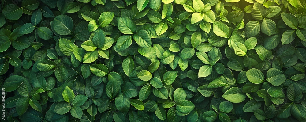 Vibrant and lush green foliage forms an abstract background, ideal for ecofriendly designs and natureinspired projects