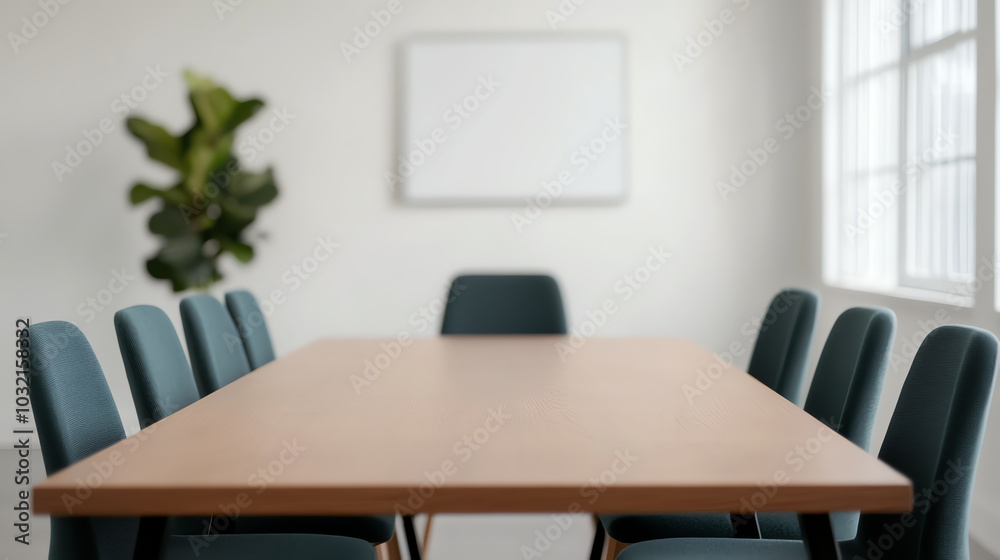A modern conference room showcasing a large table surrounded by teal chairs, with a blank wall ready for presentations, evoking a professional atmosphere.