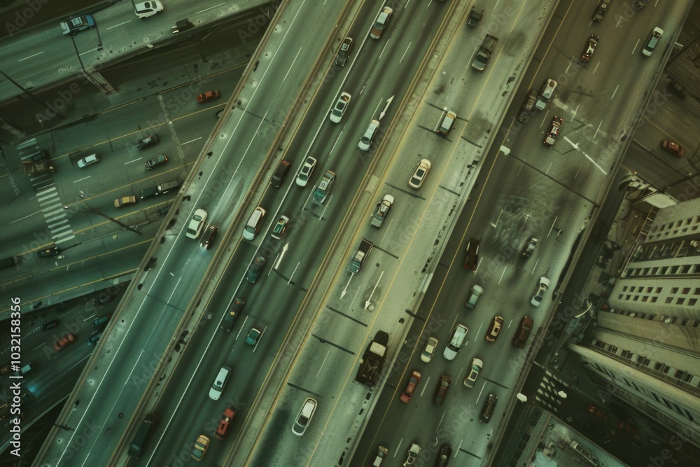 Aerial view of a bustling city street with cars and buildings Aerial view of a bustling city street with cars and buildings