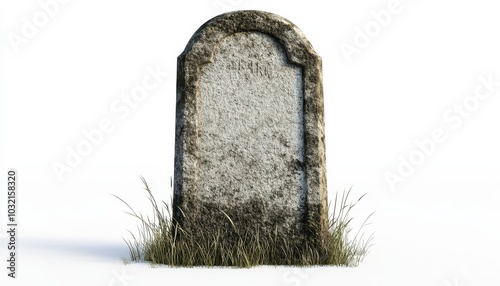 Isolated tombstone gravestone with grass on white background in a still setting