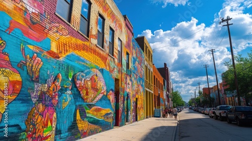 Vibrant Murals of Chicago's Pilsen: Candid Urban Art Photography Captured with Nikon D850, Showcasing Bright Colors and Dynamic Street Life.