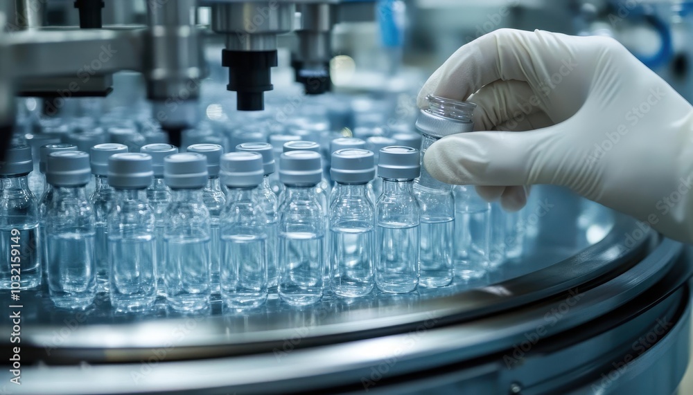 Quality check of medical vials on a production line at a pharmaceutical factory Quality check of medical vials on a production line at a pharmaceutical factory