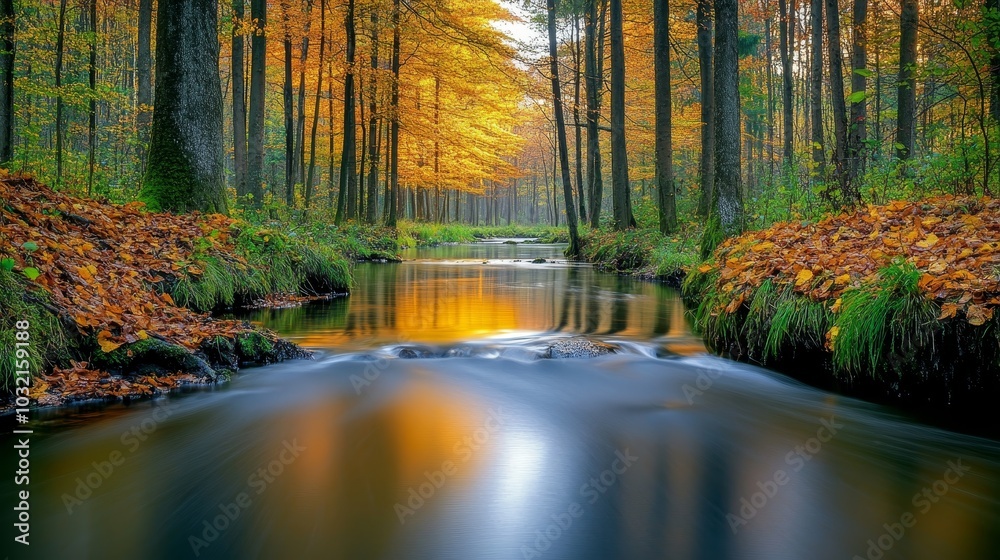 Sunset over a peaceful forest stream with golden light reflecting on the water, surrounded by lush green trees and creating a serene, natural atmosphere Sunset over a peaceful forest stream with golden light reflecting on the water, surrounded by lush green trees and creating a serene, natural atmosphere