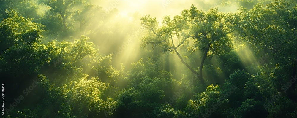 Fototapeta premium A picturesque view of sunlight filtering through the canopy of green treetops, accentuated by magical lens flare in nature photography