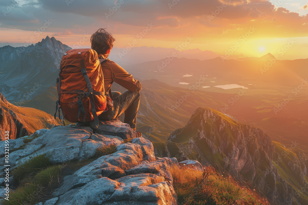Fototapeta premium A man who hikers enjoy a break look at the top of the mountain at sunset adventure travel.