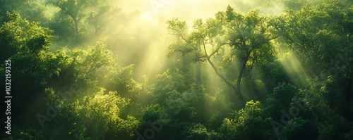 A picturesque view of sunlight filtering through the canopy of green treetops, accentuated by magical lens flare in nature photography