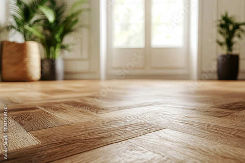 Obraz na płótnie Hallway with natural wood herringbone parquet flooring. Minimalistic interior with sunlight streaming through large window and hardwood flooring in living room w salonie