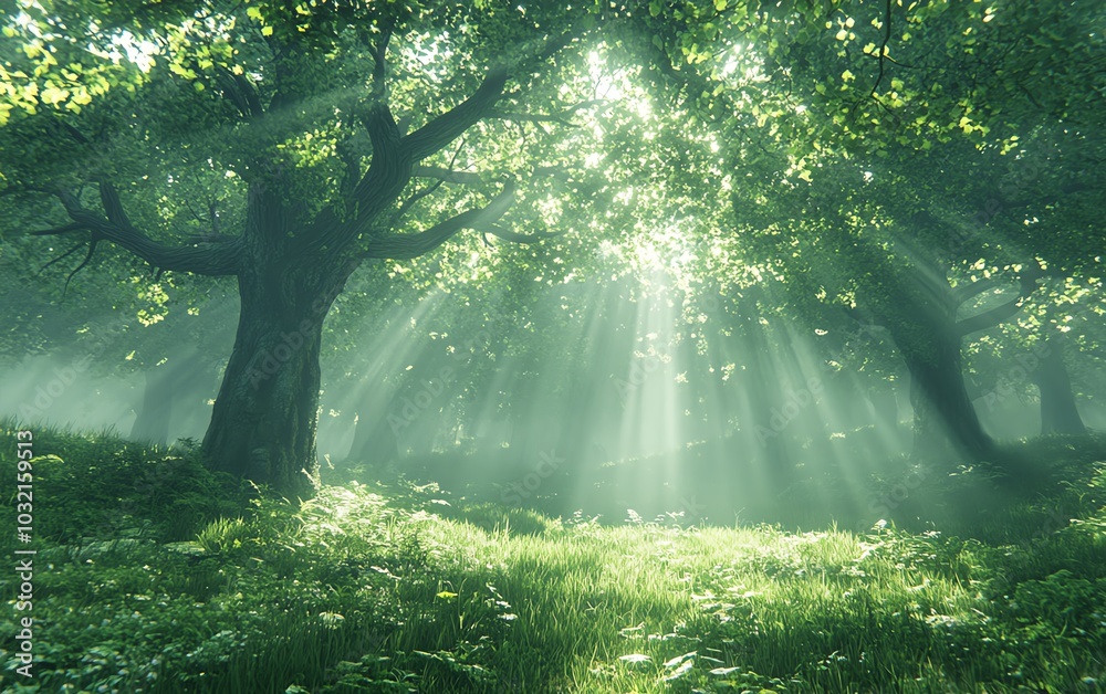 Obraz premium A serene nature landscape featuring sunlight filtering through towering green trees in a mystical forest, creating an enchanting atmosphere