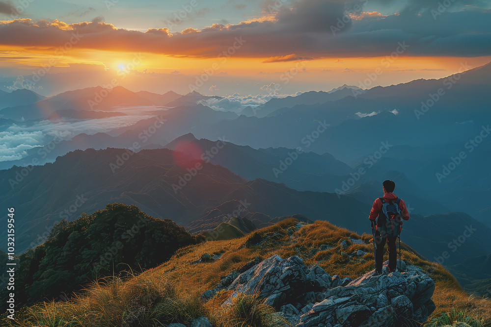 Obraz premium A man who hikers enjoy a break look at the top of the mountain at sunset adventure travel.