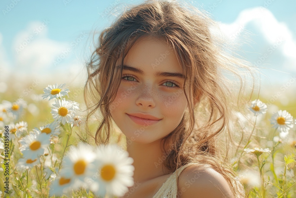 A young woman with long brown hair and freckles smiles softly, surrounded by a field of white daisies. The sky is bright blue with white clouds. A young woman with long brown hair and freckles smiles softly, surrounded by a field of white daisies. The sky is bright blue with white clouds.