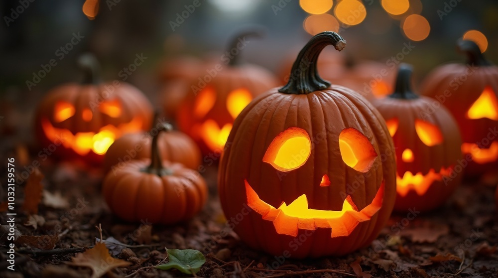 Fototapeta premium Spooky halloween pumpkins creepy forest festive holiday atmosphere.