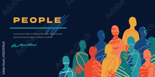 A banner with a multicolored crowd of abstract human silhouettes. A collage of people with scratch lines and scribbles.