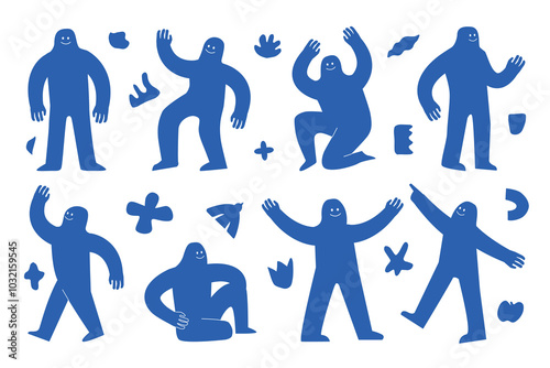 A set of hand drawn human silhouettes in a naive style. Blue abstract different creatures in different poses.