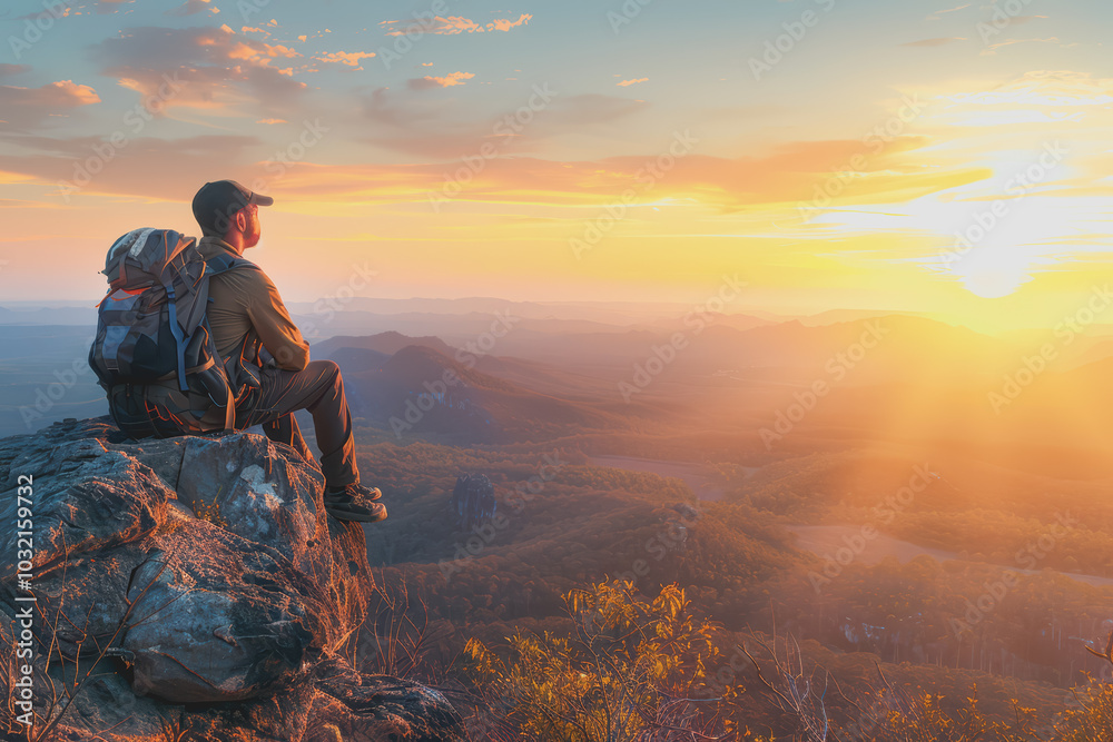 A man who hikers enjoy a break look at the top of the mountain at sunset adventure travel. A man who hikers enjoy a break look at the top of the mountain at sunset adventure travel.