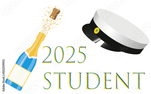 Student 2025. Traditional Swedish graduation cap and a bottle of sparkling champagne with a cork popping out.
