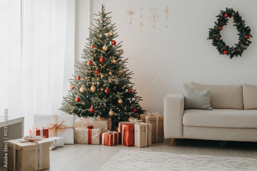 Fototapeta premium Christmas tree with presents underneath in a cozy living room