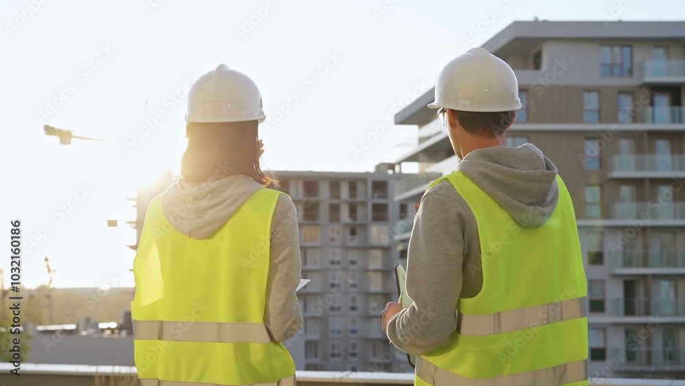 Two engineers are standing on a construction site wearing hard hats and safety vests looking at a building and discussing something Two engineers are standing on a construction site wearing hard hats and safety vests looking at a building and discussing something