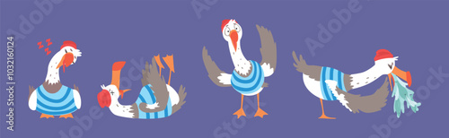 Seagull Bird in Sailor Striped Shirt Vector Set