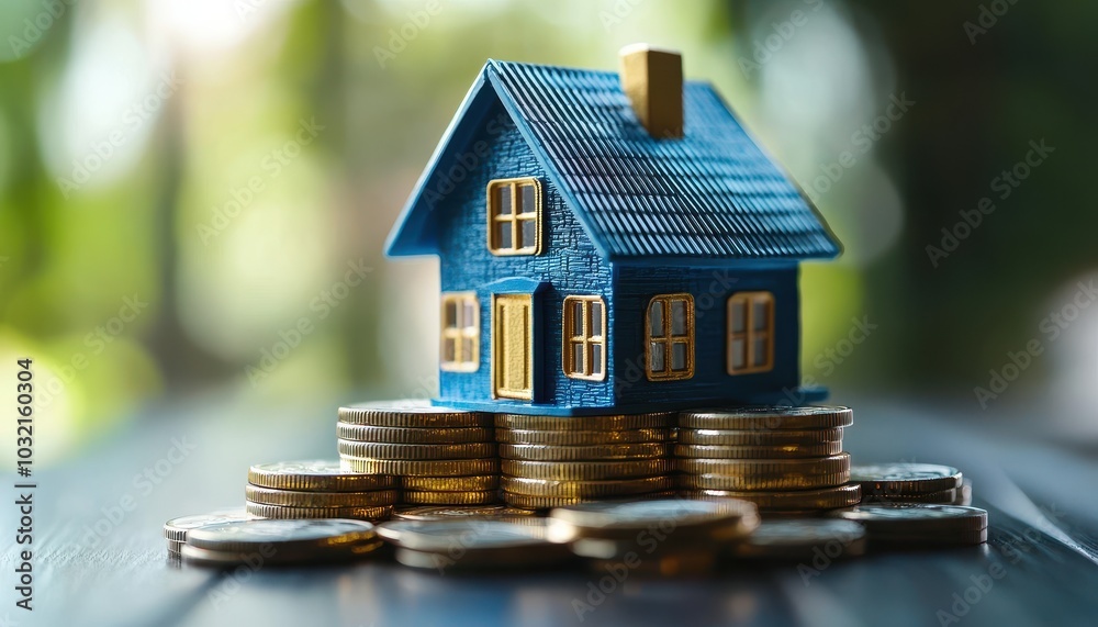 Mini house sitting on a stack of coins symbolizing property investment growth Mini house sitting on a stack of coins symbolizing property investment growth