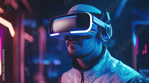 Man wearing VR headset, lit in blue. Perfect for tech, gaming, and future-oriented themes.