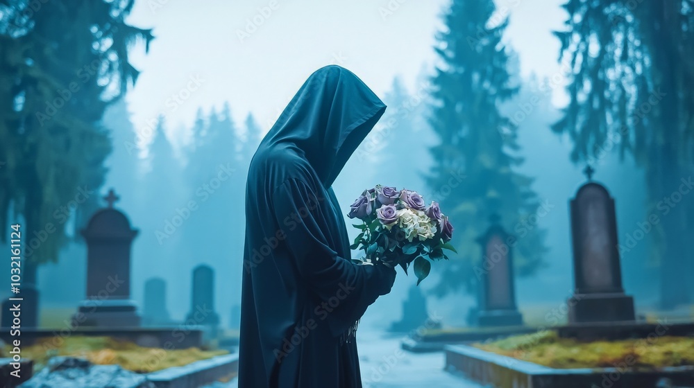 Mysterious Figure at Foggy Gravesite with Flowers Mysterious Figure at Foggy Gravesite with Flowers