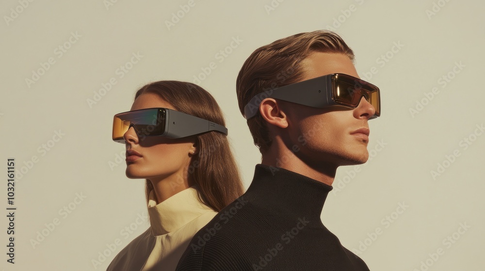 Elegant duo models large futuristic sunglasses style Elegant duo models large futuristic sunglasses style