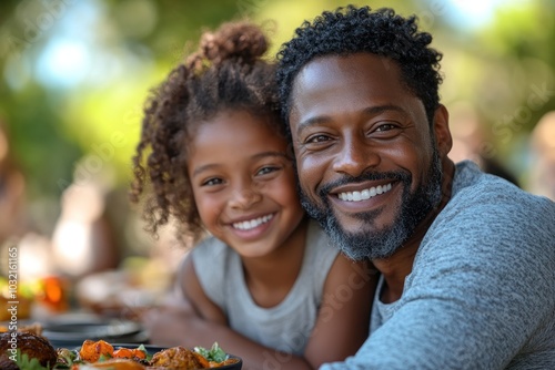 A happy father and daughter smile for the camera while sitting at a table outdoors.