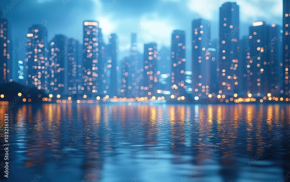 Fototapeta premium Stunning city skyline at dusk, shimmering lights reflected on water creating a tranquil and vibrant urban atmosphere.